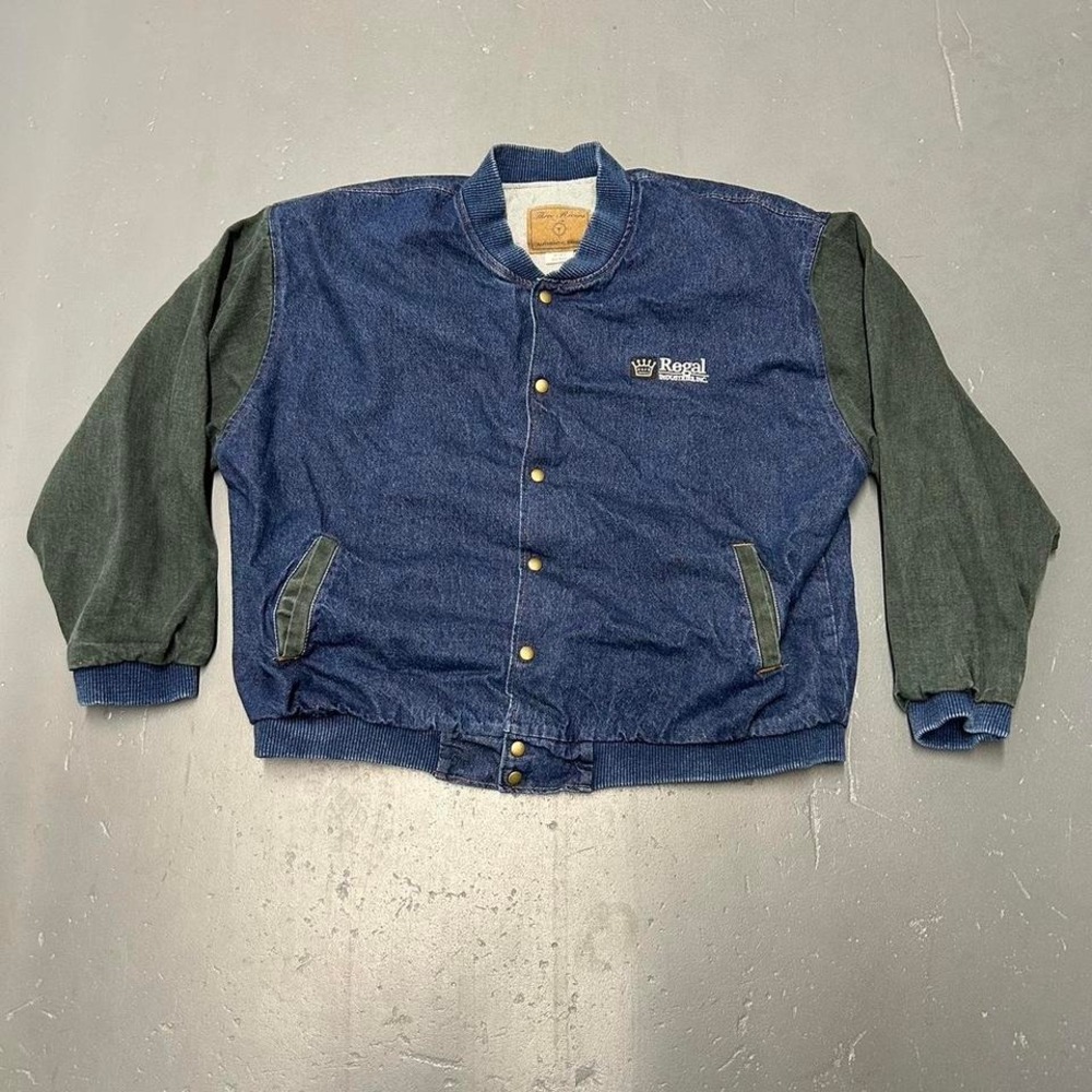 Vintage 90s earth tone navy and green denim button up bomber jacket Size 2x